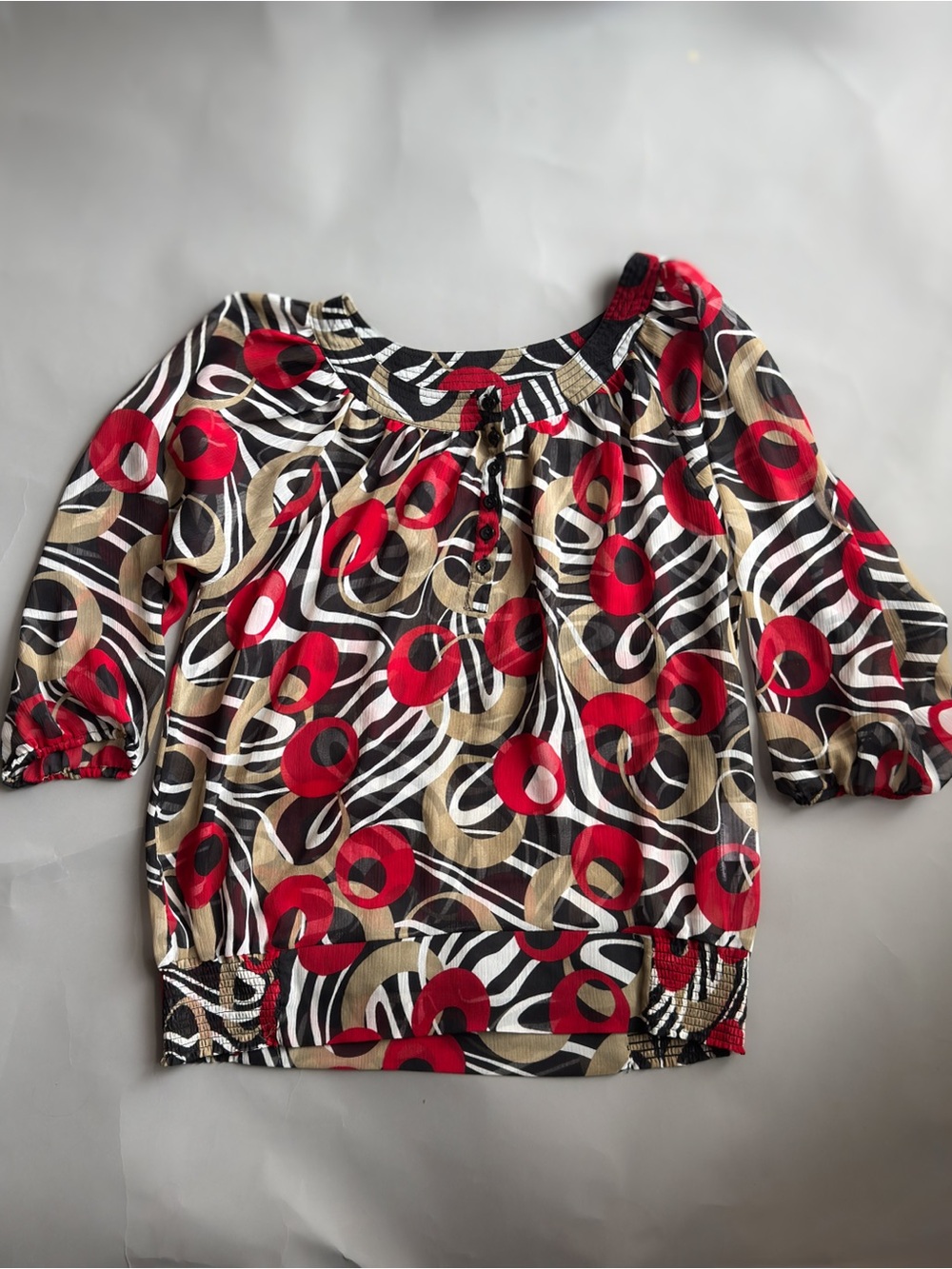 Vintage 1960s Eastern European Red & Black Abstract Print Blouse
